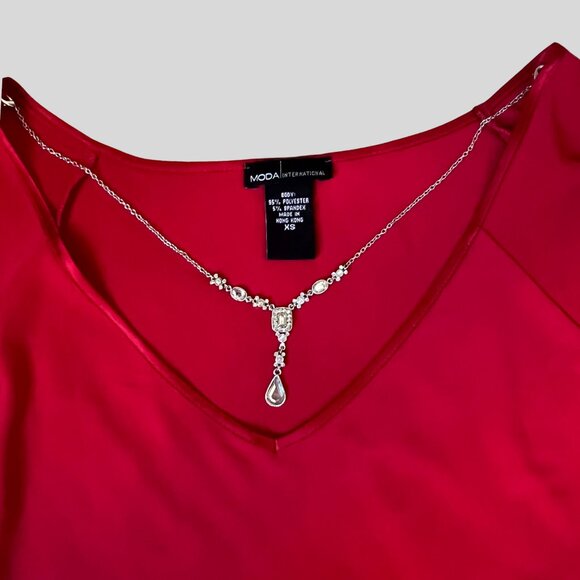 Moda International Red Long Sleeve Top with Rhinestone Necklace Detail – Size XS - Picture 2 of 5